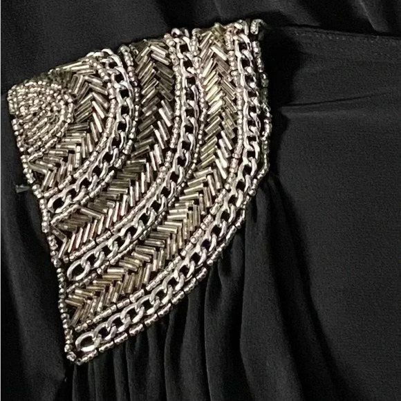 CACHE | Black Faux Wrap Shoulder Embedded Ruched Cocktail Mini Dress Size S - Picture 9 of 10